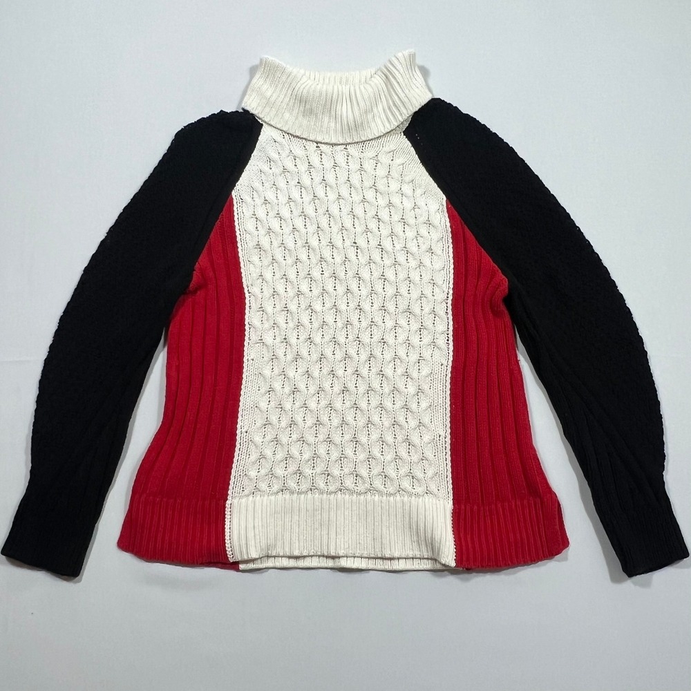 Talbots Turtleneck Sweater Colorblock Mixed Stitch Red White Black Womens XL